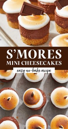 mini cheesecakes with chocolate and marshmallow toppings in the middle on a baking sheet