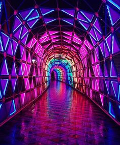 a tunnel that is lit up with purple and blue lights in the middle of it