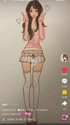 a drawing of a girl with long black hair wearing a pink shirt and white skirt