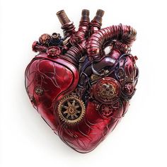 a red heart with gears attached to it