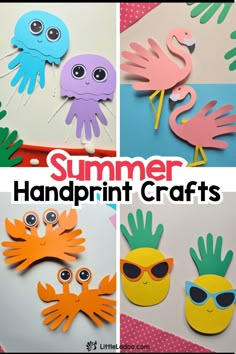 some paper crafts that are made to look like sea animals and palm trees, with the words summer handprint crafts on them