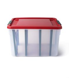 a plastic container with blue handles and red lid on a white background, it is also used for storage