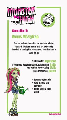 an advertisement for monster high featuring a girl with pink hair and green eyes holding a watering can