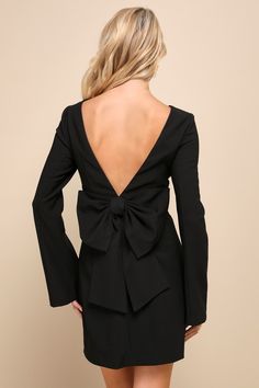 Black Long Sleeve Dress - Bow Detail Dress - Backless Mini Dress - Lulus Open Back Cocktail Dress, Cozy Sweater Dress, Night Dress For Women, White Long Sleeve Dress, Super Cute Dresses, Backless Mini Dress, Bow Detail Dress, Lulu Fashion, Black Long Sleeve Dress