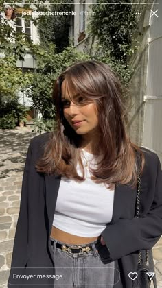 Whispy Medium Length Haircut, Mid Length Haircut With Face Framing Layers, Medium Haircut Brown Hair, Medium Length Dark Hair With Highlights Long Bobs, Light Brown Hair With Black Eyebrows, Chunky Layers Medium Length Hair Curtain Bangs, Summer Curtain Bangs, Emily Ratajkowski Hair Short, Medium Length Haircut Old Money