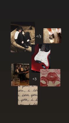 a collage of photos with guitar, lips and letters