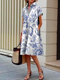 Plants Urban Printing Shirt Collar Dress Estilo Preppy, Evening Dresses Short, Cotton Blends Dress, Floral Sleeve, Vestido Casual, Loose Dress, Types Of Dresses, Collar Dress, Midi Dresses