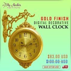 Digital Decorative Wall Clock with Gold Finish Digital Wall Clock, Your Drawing, Vintage Wall Clock, Drawing Room, Digital Wall