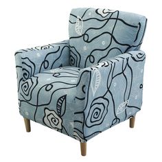 a blue chair with black and white designs on it