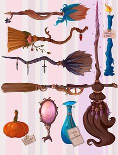 an assortment of different items on a striped wallpapered background, including brooms and other decorative objects