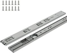 two metal drawer slides with screws on each side