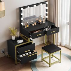 a vanity with lights and stools in front of a window, next to a rug