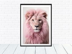 a white lion with pink fur on it's head in front of a brick wall