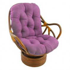 a purple chair sitting on top of a wooden stand