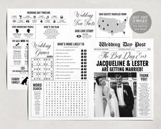 the wedding program is displayed in black and white with an image of two people standing next to each other