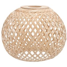 a round wooden object that is made out of wood strips and woven with white thread