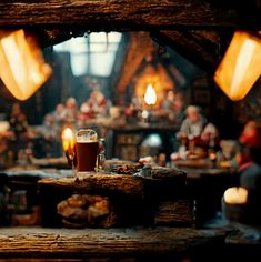 a wooden table topped with a cup of beer next to a fire place filled with food