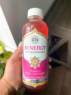 a person holding up a bottle of pink lemonade in front of a house plant