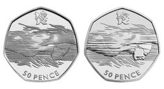 the 50 pence coin is shown in front and back, with an image of a man