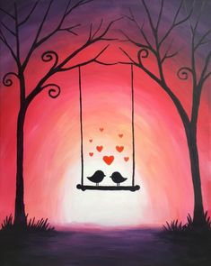 an acrylic painting of two birds on a swing with hearts in the sky