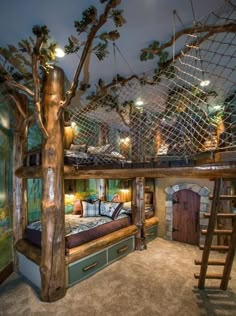 a bedroom that has a bed in the middle of it with a net on the ceiling