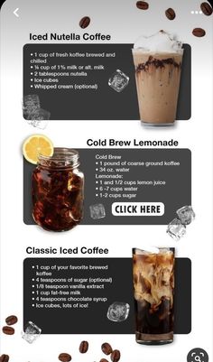 the different types of iced coffees are shown in this info sheet, which shows how to