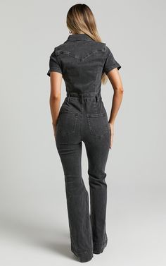 Silvena Jumpsuit - Short Sleeve Flared Denim Jumpsuit in Black Wash Venus Outfits, Hens Ideas, Black Denim Jumpsuit, Black Jumpsuit Outfit, 2024 Clothes, Nashville Outfit, Jumpsuit Short, Flared Denim, Country Casual