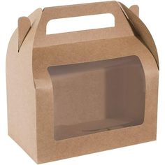 a brown cardboard box with a window on the front and bottom, open to reveal an inner compartment