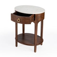 a wooden table with a marble top and two drawers on one side, against a white background