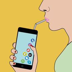 a woman drinking from a straw in her mouth while using a cell phone with social icons on the screen