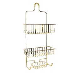 two tiered metal rack with hooks on each side