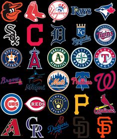 many different baseball logos on a black background