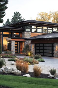 a modern house with stone and wood accents