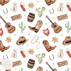 a watercolor pattern with cowboy hats and other items