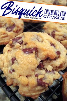 chocolate chip cookies cooling on a rack with the words biscuit chocolate chip cookies above it