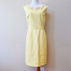 Antonio Melani Buttercup Yellow Beaded And Chain Detail Neckline Dress. Yellow Shirt Dress, Grey Sheath Dress, Antonio Melani Dress, Yellow Clothes, Buttercup Yellow, Dark Blue Dress, Womens Sheath Dress, Blue Sleeveless Dress, Belted Midi Dress