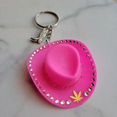 Handcrafted Brand New Hot Pink Cowboy Hat Keychain Rhinestones Line The Outside And Inner Rim Shiny Gold Canna Leaf At Tip Cowboy Boot Charm Attached Each Rhinestone Is Hand Set So Small Variations May Differ From Photos Ideas: Perfect To Hang On A Purse As A Statement Piece Hot Pink Cowboy Hat, Cowboy Hat Keychain, Pink Cowboy Hat, Rhinestone Keychain, Pink Cowboy, Love Pink Wallpaper, Handcrafted Accessories, Cowboy Boot, Car Charms