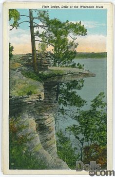 an old postcard with trees and water on the side of a cliff overlooking a lake