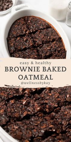 chocolate brownie baked oatmeal in a bowl with the title overlay