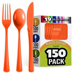 an orange plastic cutlery set with matching forks and spoons in front of the package