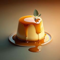 a cake with caramel sauce and a leaf on top