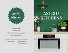 an advertisement for a kitchen with green walls and white cupboards, including a tea kettle on the stove