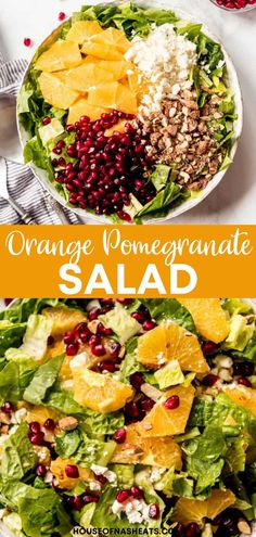 an orange pomegranate salad is shown in two different bowls with the words, orange pomegranate salad