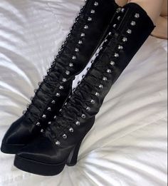 Lux Goth Aesthetic, Vampire Shoes Aesthetic, Evil Outfits Aesthetic, Holographic Boots, Lace Up Heel Boots, Boot Bling, Stiletto Boots, Black Heel Boots