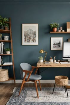 home office design,home office decor,home office painting,interior design home office Dark Furniture Office, Light Blue Office Design, Paint Colors For Small Office, Office Earth Tones, Boho Office Colors, Modern Boho Office Ideas, Small Home Office Paint Ideas, Home Office Vibes, Office Paint Colors Home Accent Wall