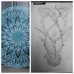 two pictures side by side, one has a crochet doily pattern on it