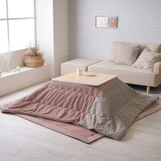 a living room filled with furniture and a blanket on the floor