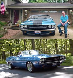 two pictures one showing a blue car and the other shows a man sitting on a bench in front of a house