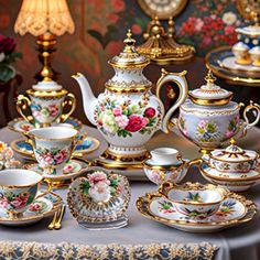 a table topped with lots of fancy tea cups and saucers