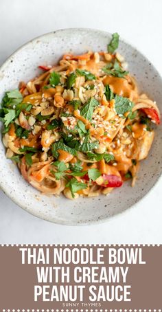 thai noodle bowl with creamy peanut sauce in a white bowl on top of a table